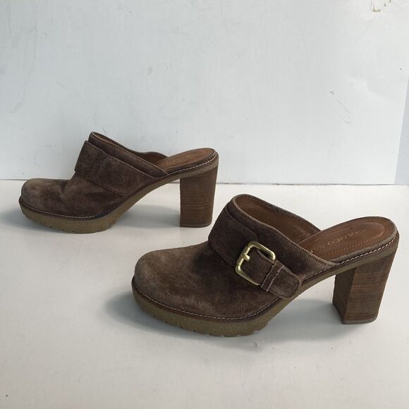Franco Sarto Brown Suede Gold Buckle Boho Bohemian Heeled Mules Clogs Size 9.5 - Picture 4 of 11